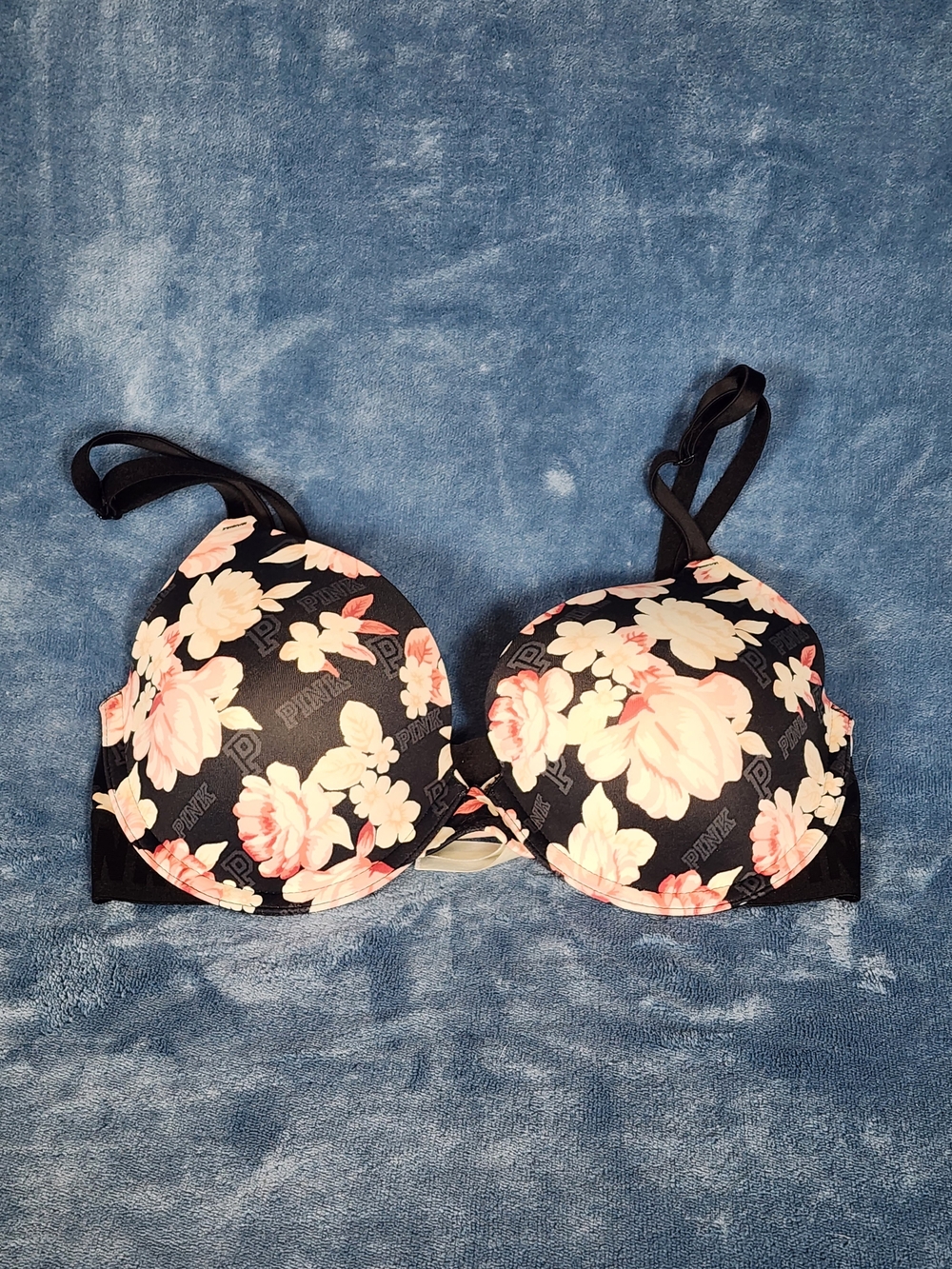 PINK Victoria's Secret Black Floral Underwire Bra with Pink and Cream Blooms